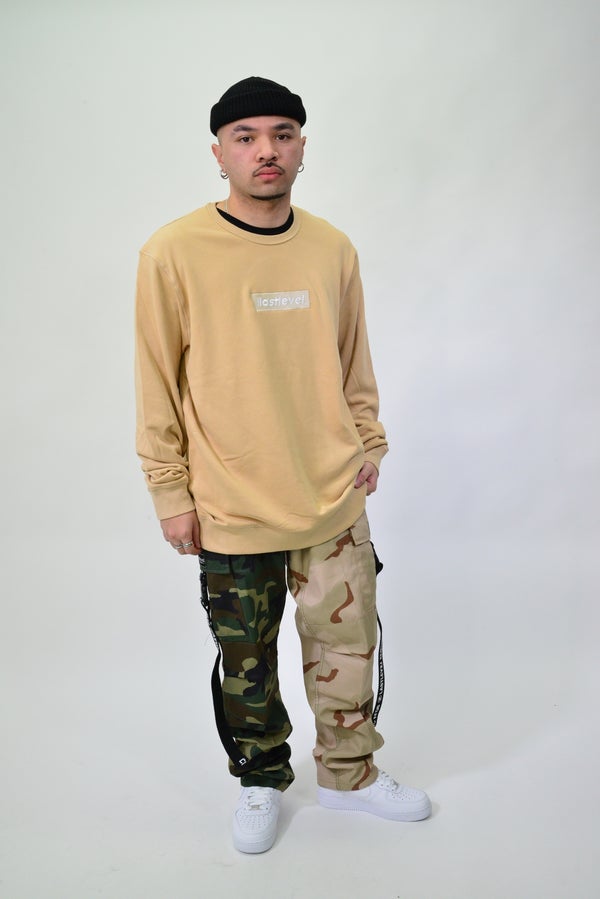 LastLevel Embroidered Box Logo Premium Crewneck - Tan