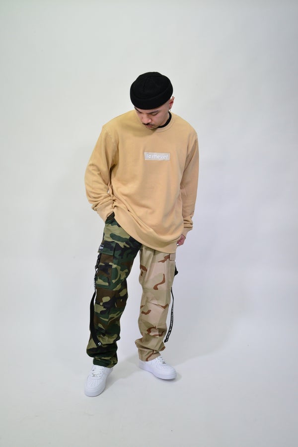 LastLevel Embroidered Box Logo Premium Crewneck - Tan
